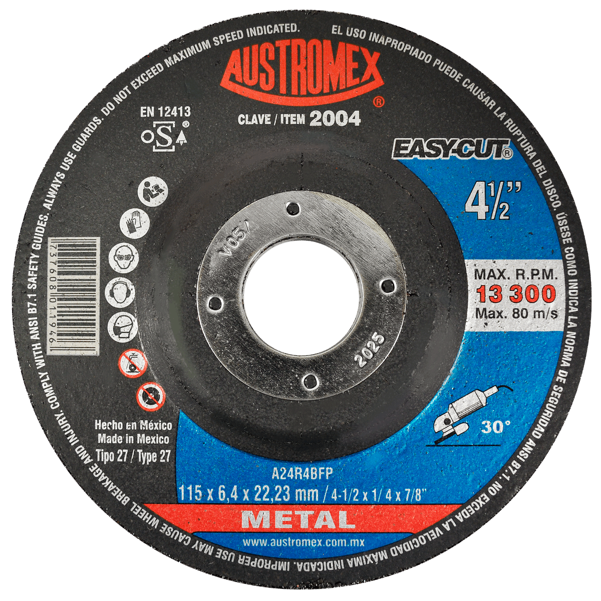 Disco abrasivo para desbaste de metal de 115 x 6.4 x 22.23 mm Austromex