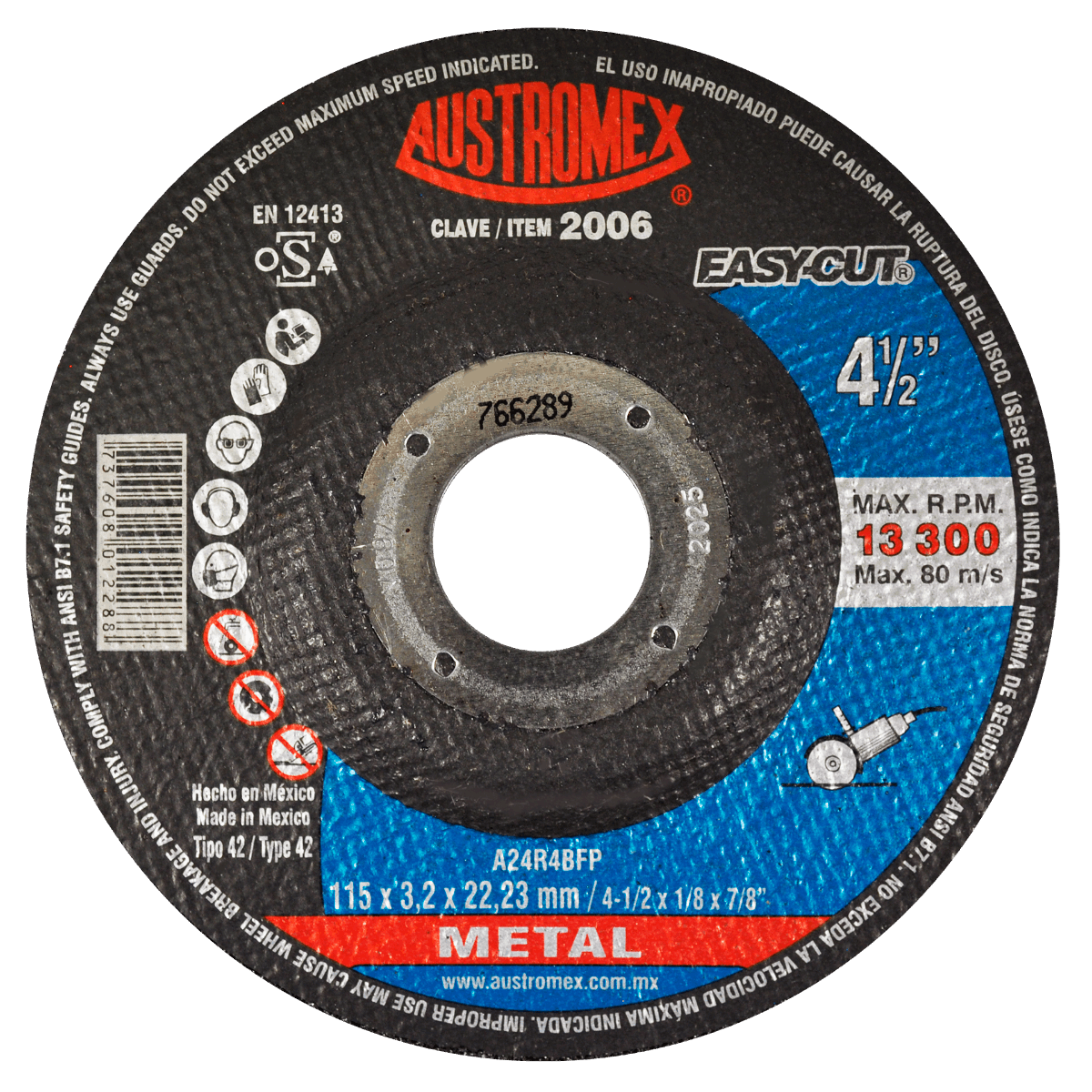 Disco abrasivo para corte de metal de 115 x 3.2 x 22.23 mm Austromex