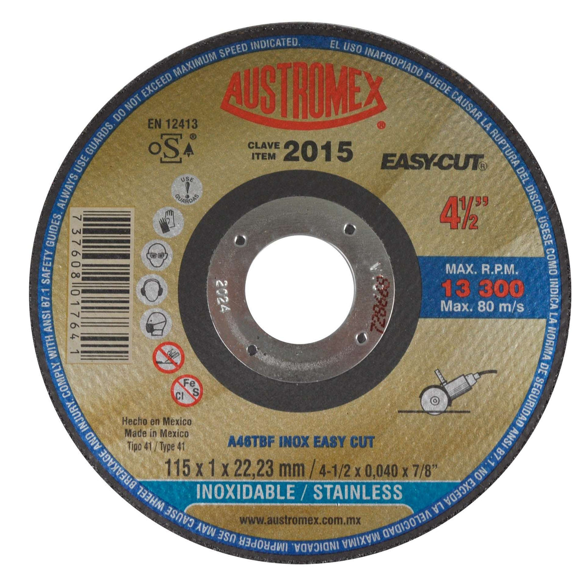 Disco abrasivo para corte de acero inoxidable de 115 x 1 x 22.23 mm Austromex