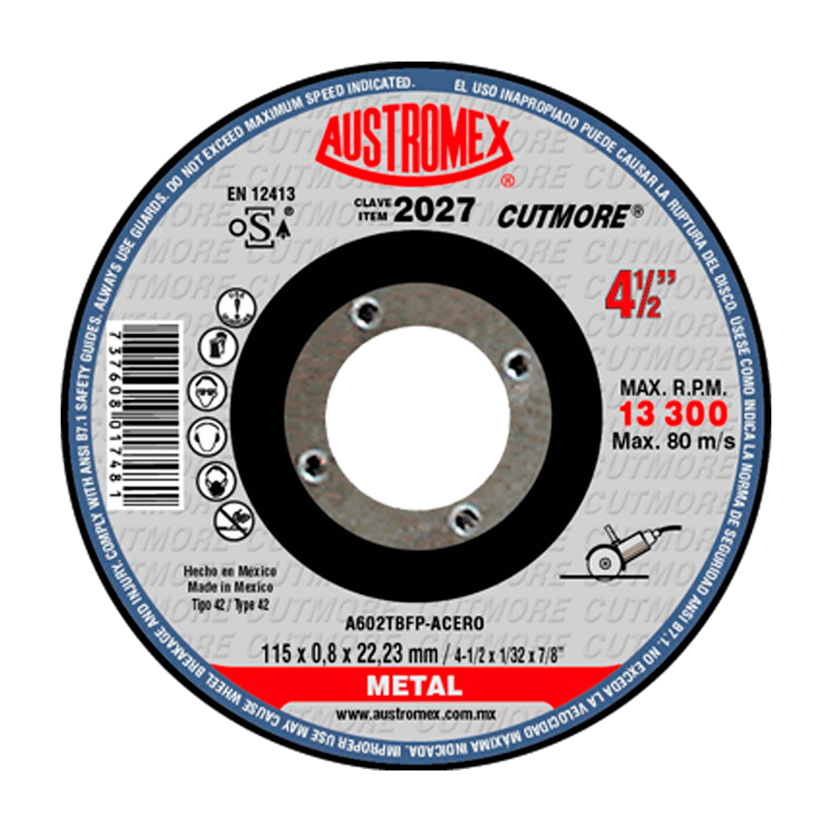 Disco abrasivo para corte de metal de 115 x 0.8 x 22.23 mm Austromex