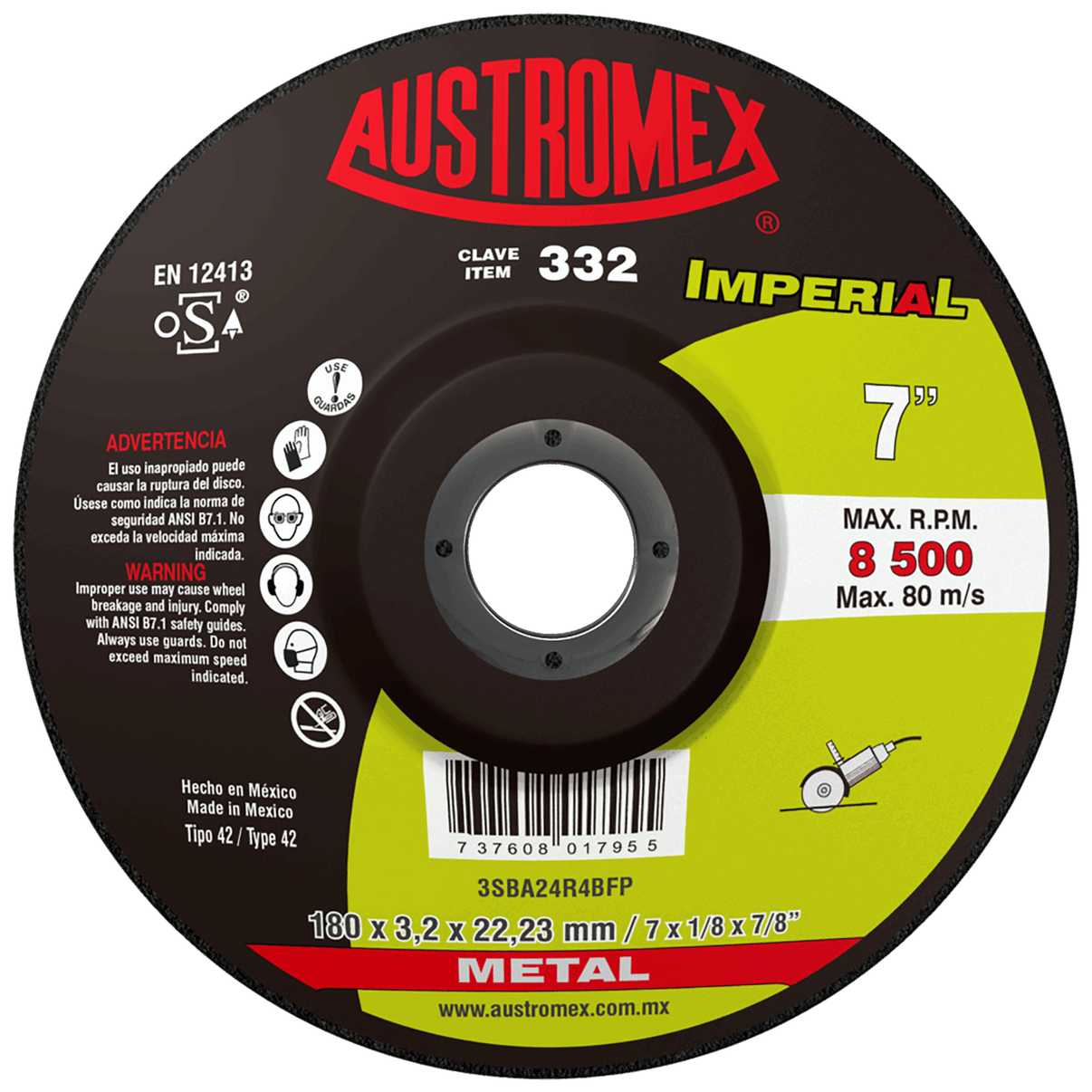 Disco abrasivo para corte de metal de 180 x 3.2 x 22.23 mm Austromex