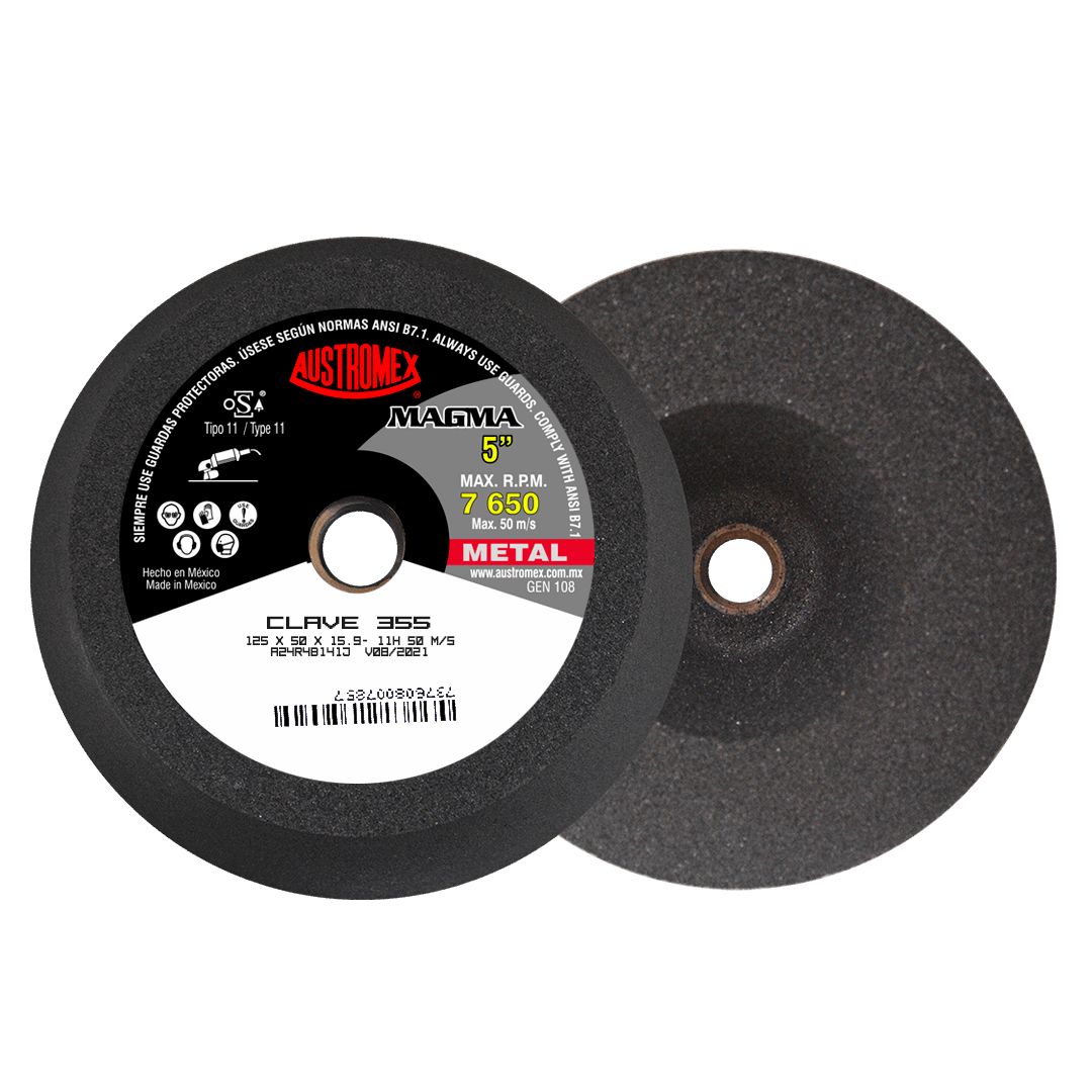 Copa abrasiva para desbaste de cordones de soldadura, filos y rebabas grandes de aceros al carbón, hierro, fundición, etc de 125 x 50 x 15.9-11 mm Austromex