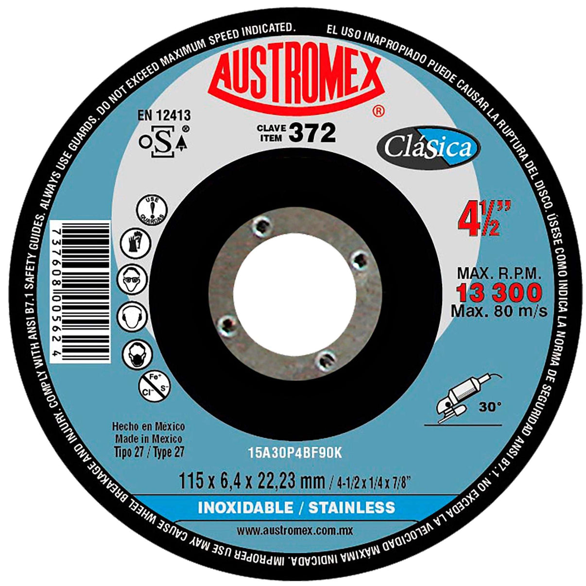 Disco abrasivo para desbaste de acero inoxidable de 115 x 6.4 x 22.23 mm Austromex