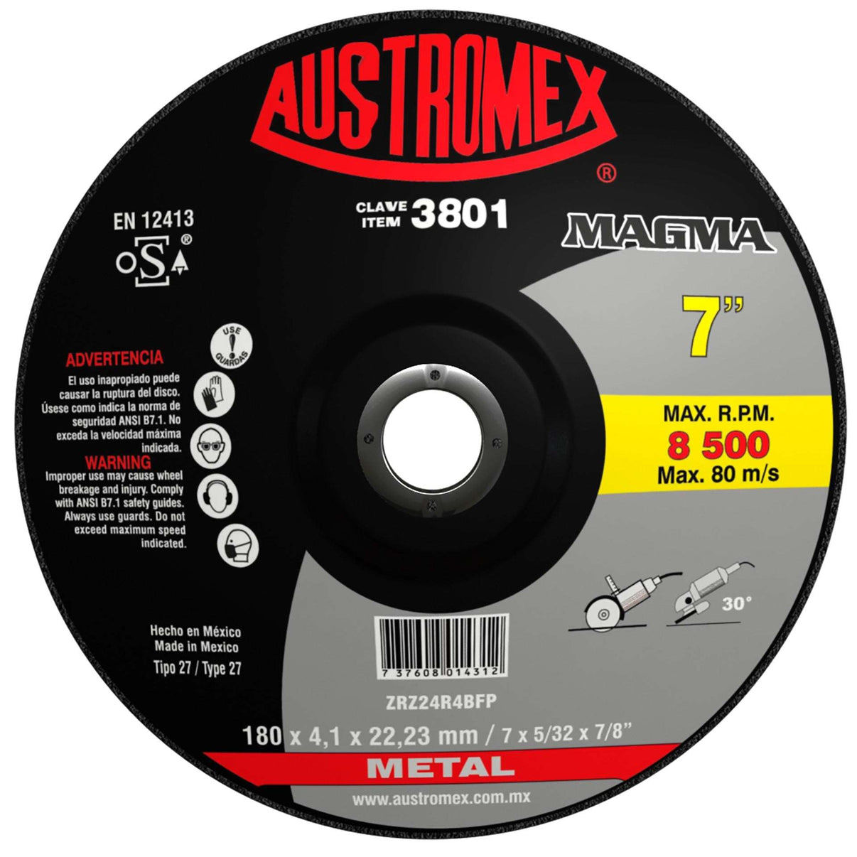 Disco abrasivo para desbaste de acero, fundición y soldadura de 180 x 4.1 x 22.23 mm Austromex