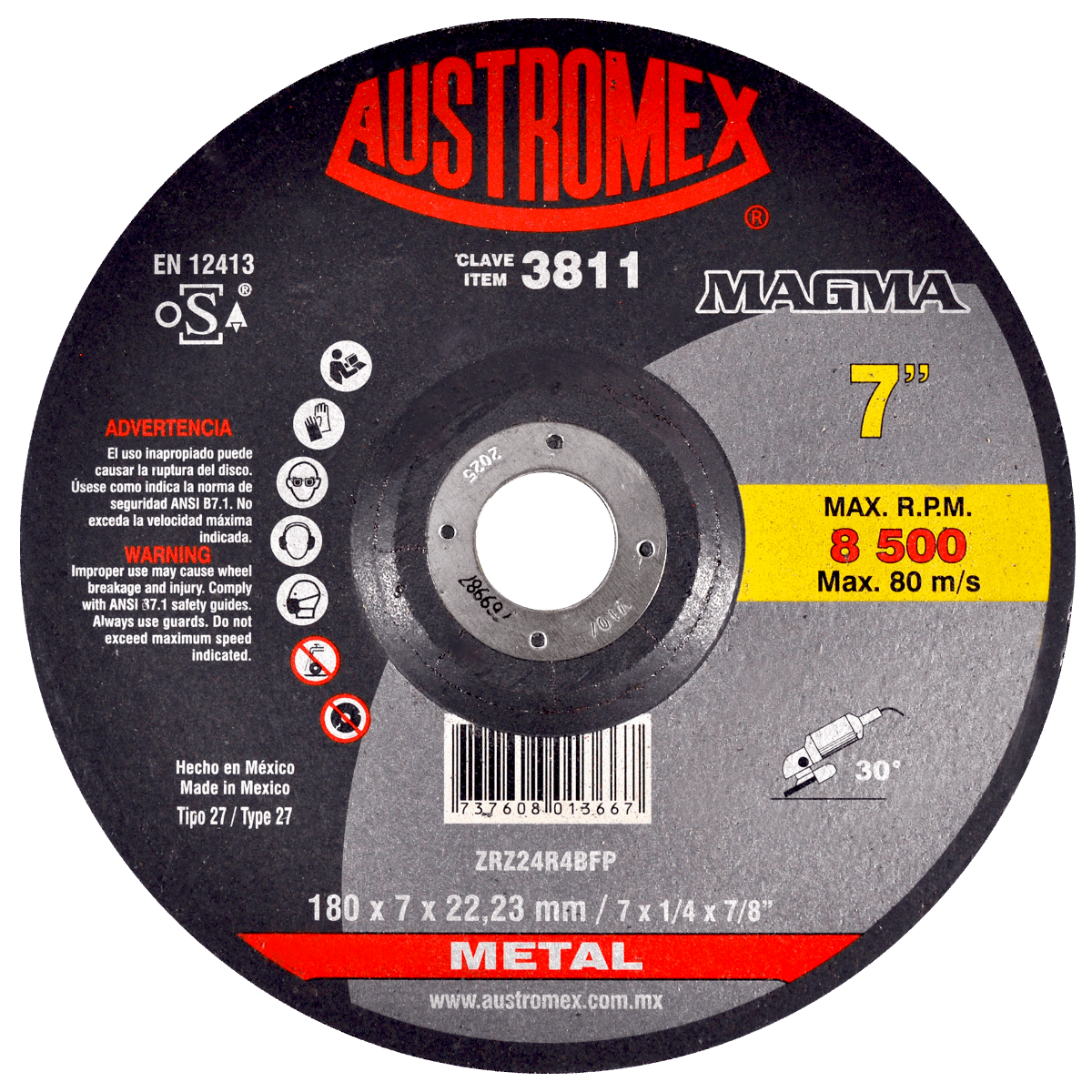 Disco abrasivo para desbaste de acero, fundición y soldadura de 180 x 7 x 22.23 mm Austromex