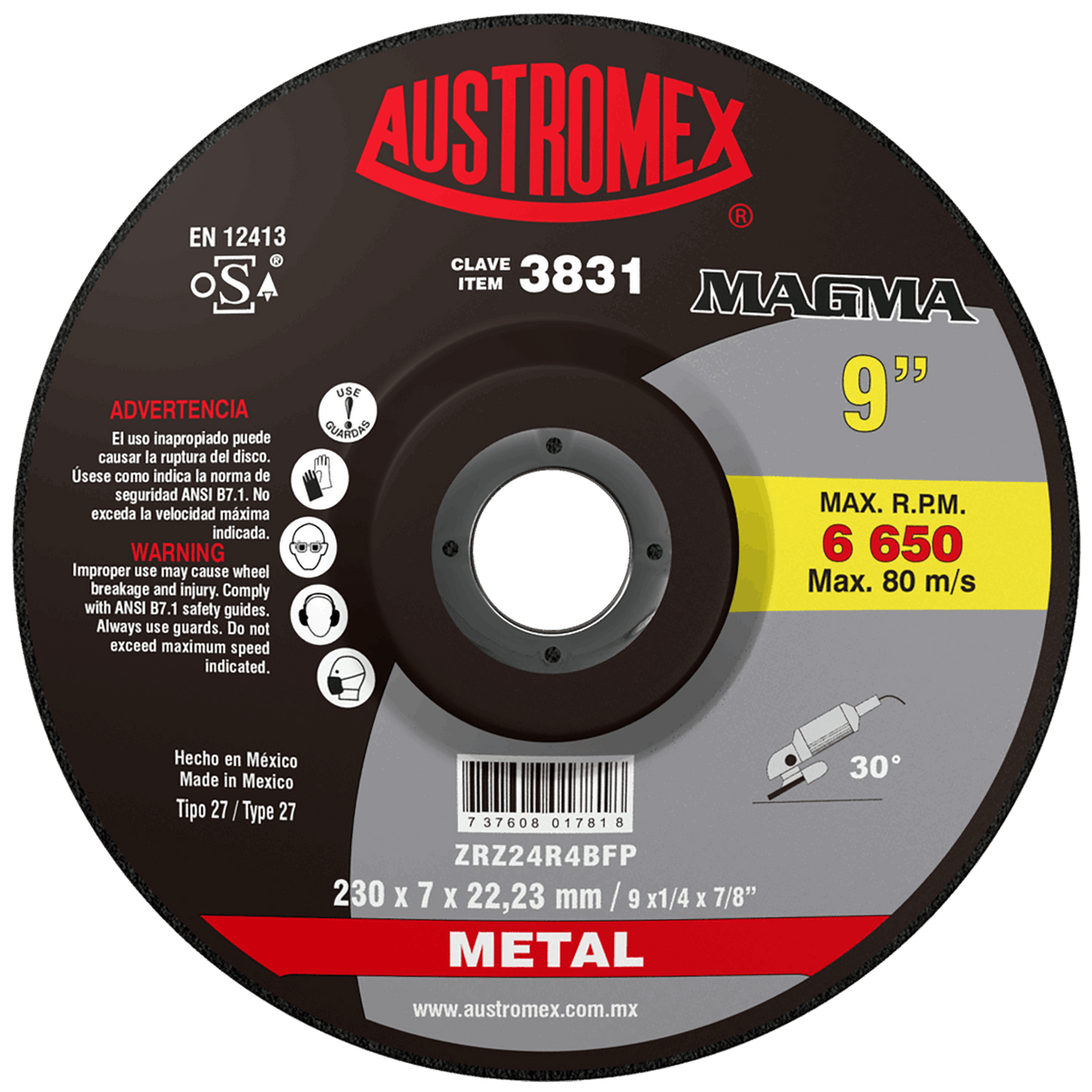 Disco abrasivo para desbaste de acero, fundición y soldadura de 228 x 7 x 22.23 mm Austromex