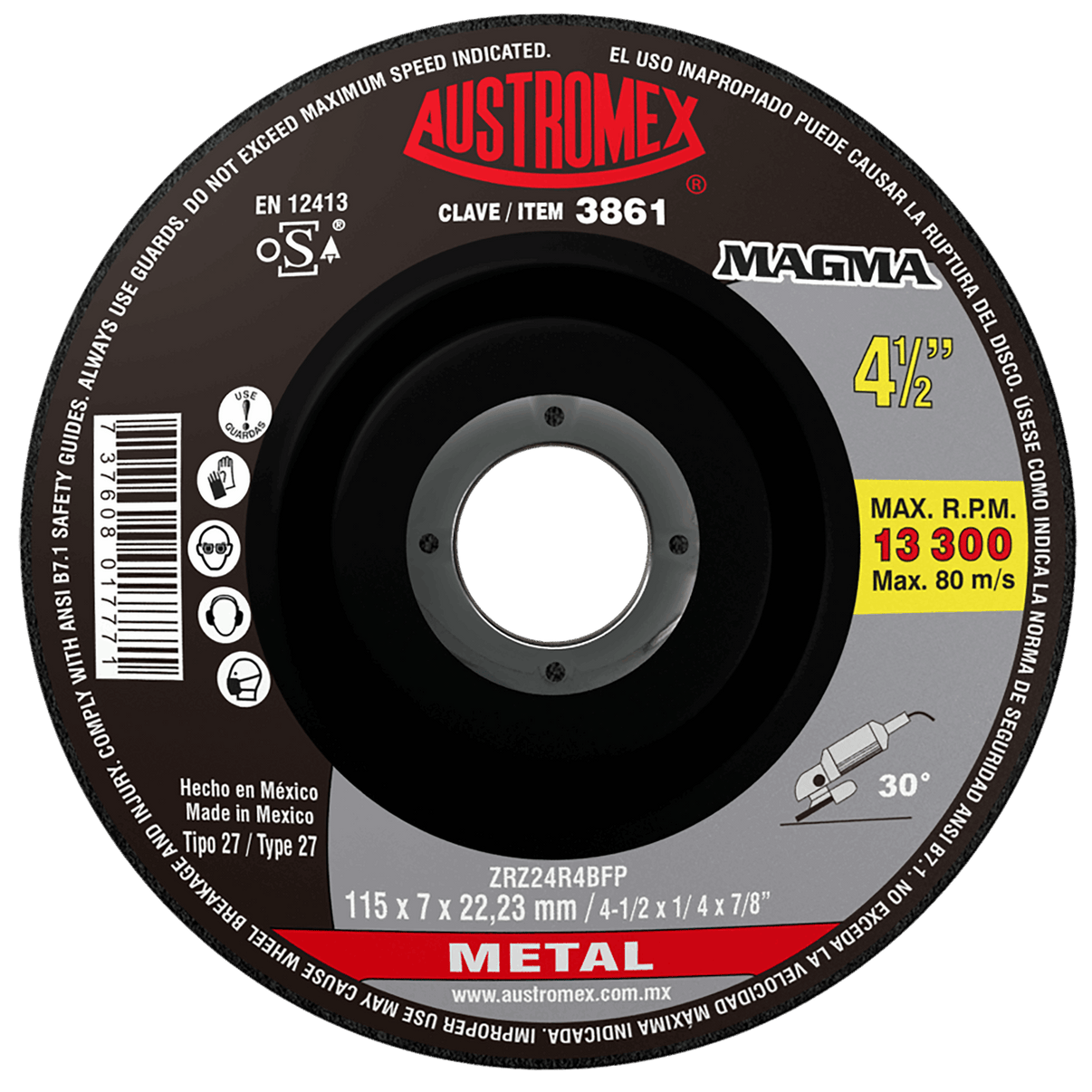 Disco abrasivo para desbaste de acero, fundición y soldadura de 115 x 7 x 22.23 mm Austromex