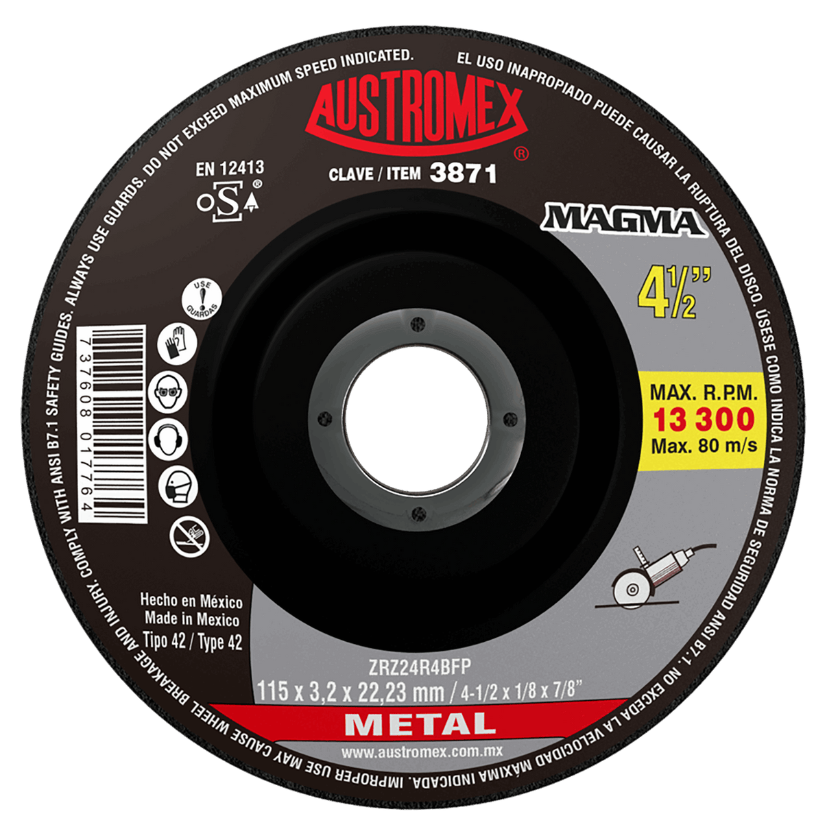 Disco abrasivo para corte de metal de 115 x 3.2 x 22.23 mm Austromex
