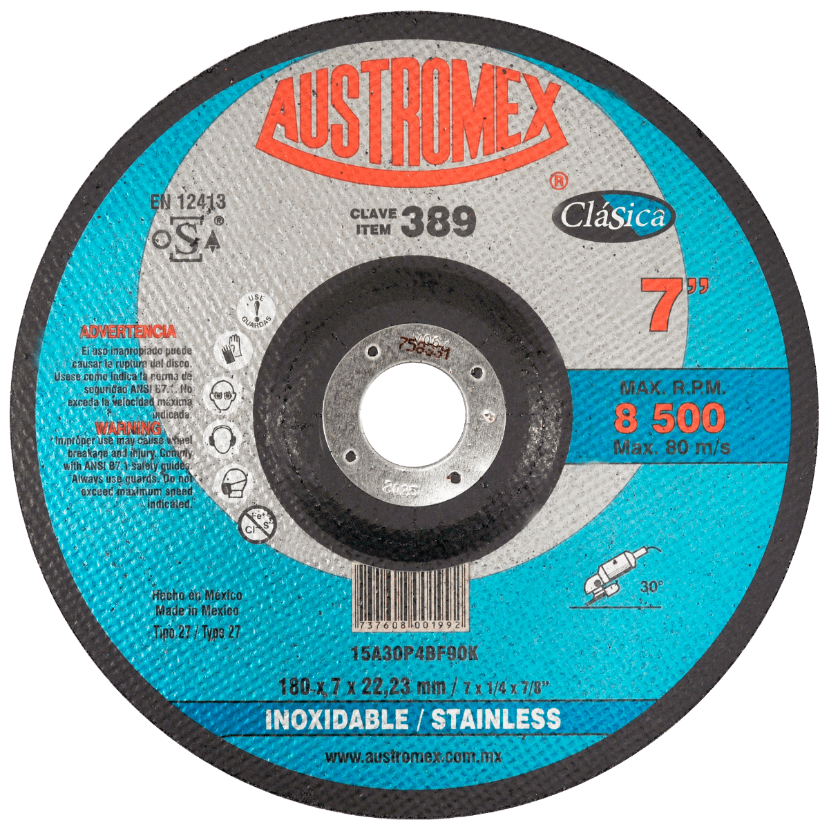 Disco abrasivo para desbaste de acero inoxidable de 180 x 7 x 22.23 mm Austromex